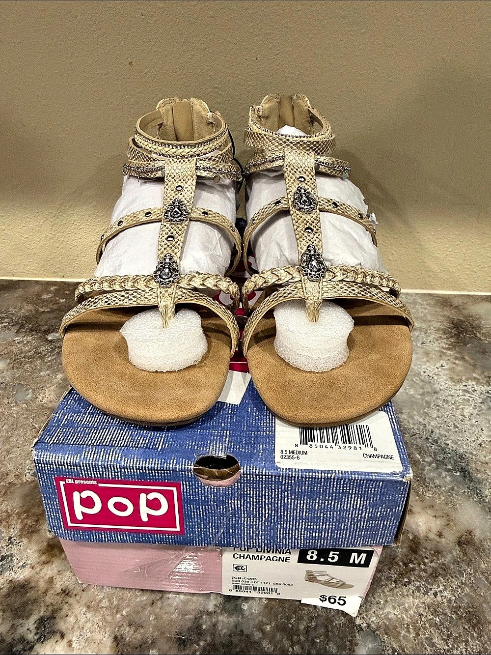 Pop Embellished Gladiator Sandals in Gold & White US 8.5 M NWT